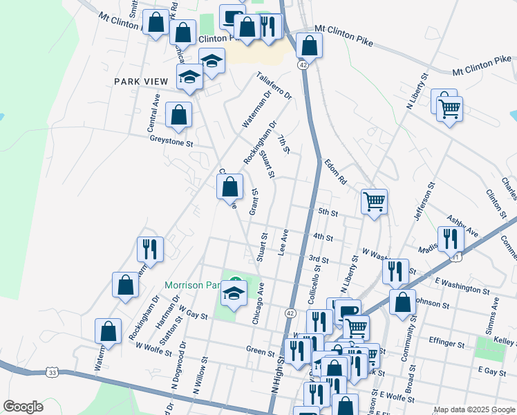 map of restaurants, bars, coffee shops, grocery stores, and more near 815 Stuart Street in Harrisonburg