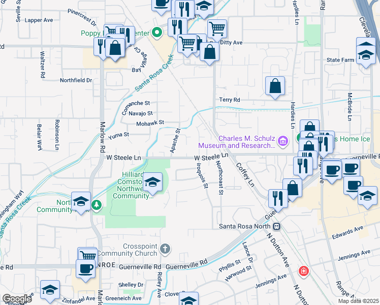 map of restaurants, bars, coffee shops, grocery stores, and more near 2555 West Steele Lane in Santa Rosa