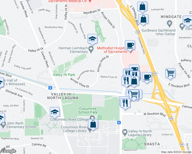 map of restaurants, bars, coffee shops, grocery stores, and more near 8268 Arroyo Vista Drive in Sacramento