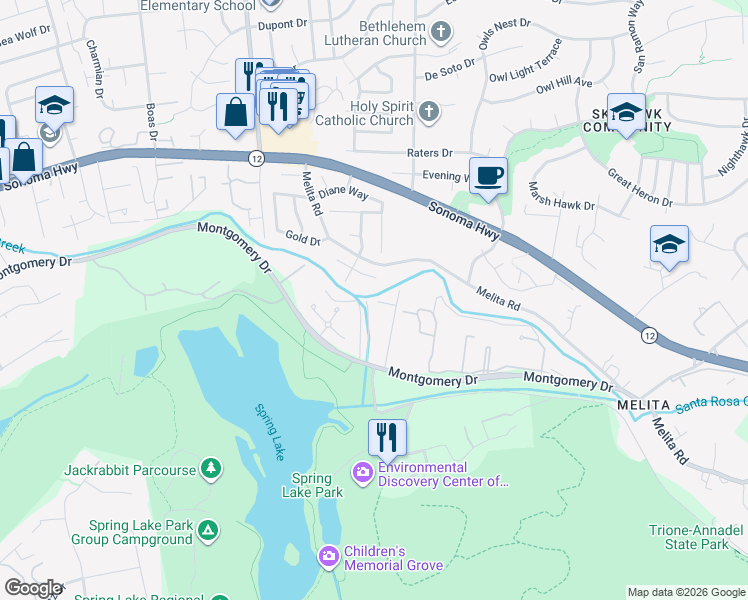 map of restaurants, bars, coffee shops, grocery stores, and more near 289 Brey Road in Santa Rosa
