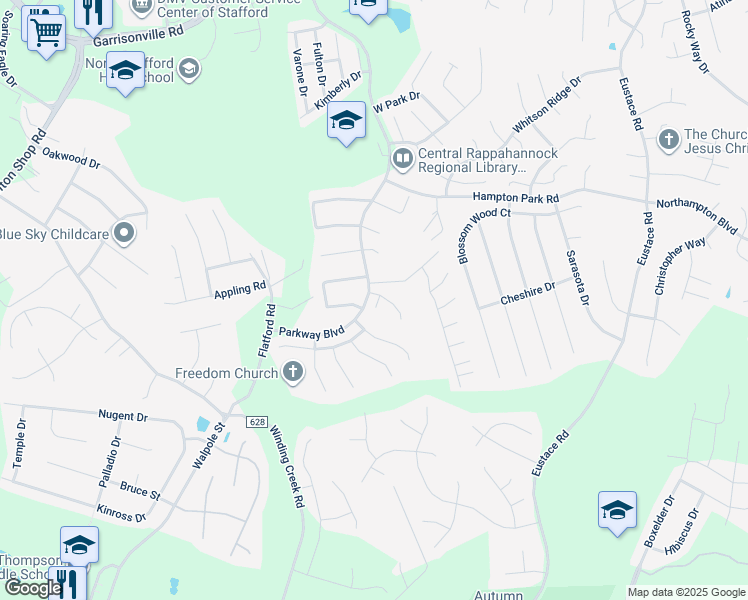 map of restaurants, bars, coffee shops, grocery stores, and more near 2 Westchester Court in Stafford