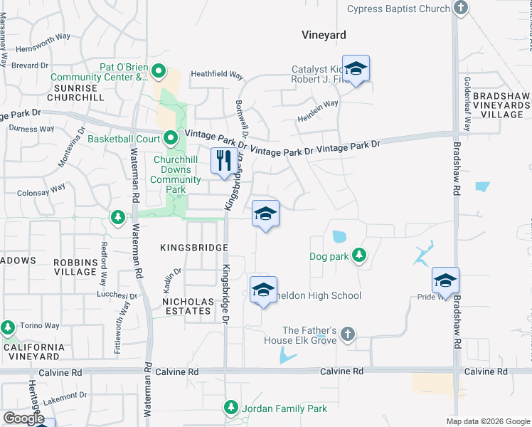map of restaurants, bars, coffee shops, grocery stores, and more near 9460 Markfield Way in Sacramento