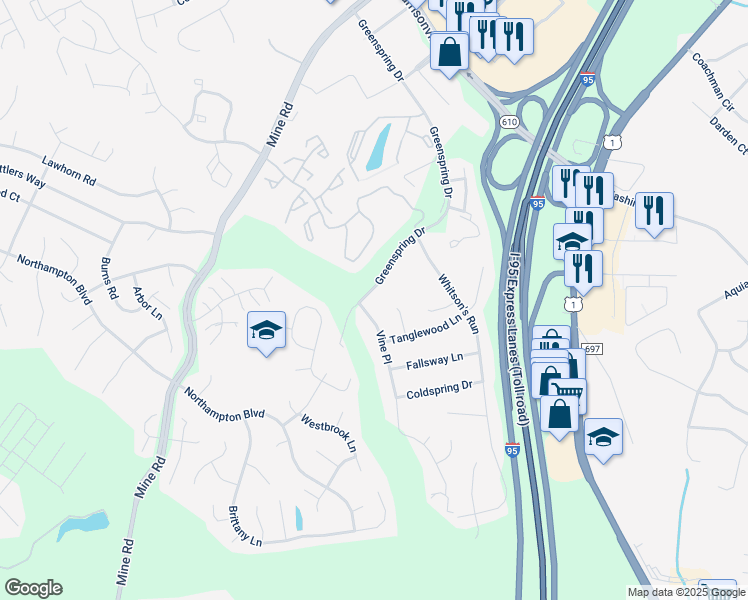 map of restaurants, bars, coffee shops, grocery stores, and more near 220 Greenspring Drive in Stafford