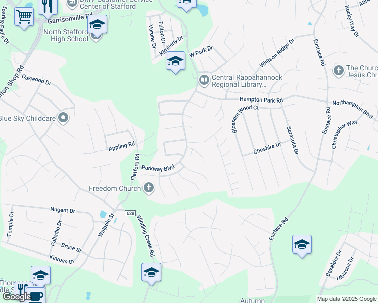 map of restaurants, bars, coffee shops, grocery stores, and more near 2 Westchester Court in Stafford
