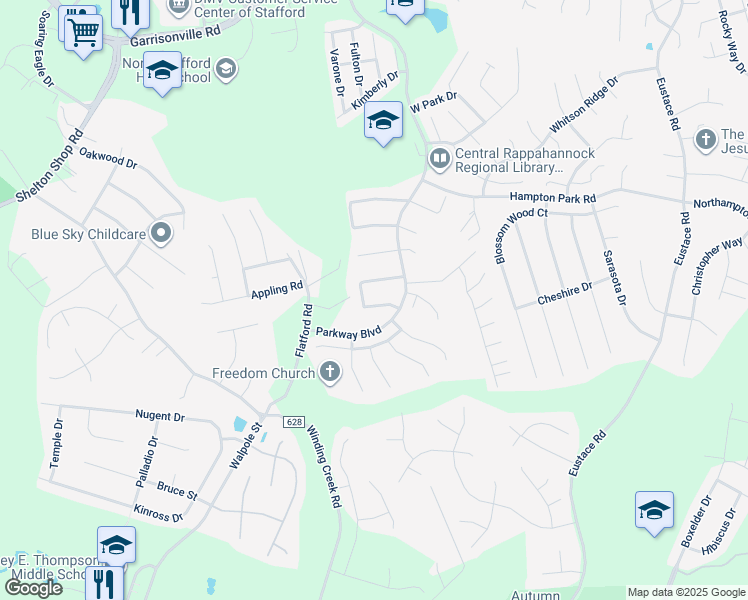 map of restaurants, bars, coffee shops, grocery stores, and more near 45 Catherine Lane in Stafford