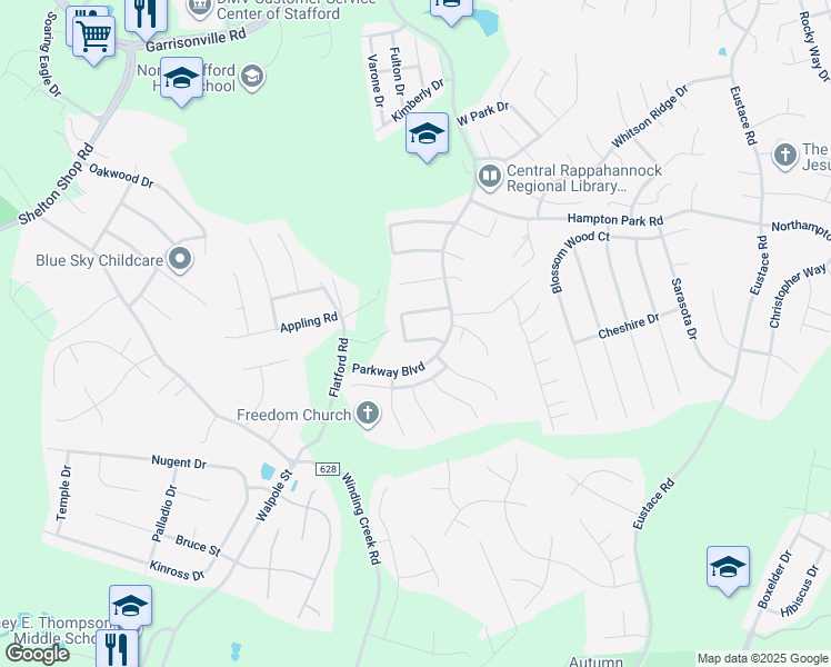 map of restaurants, bars, coffee shops, grocery stores, and more near 45 Catherine Lane in Stafford