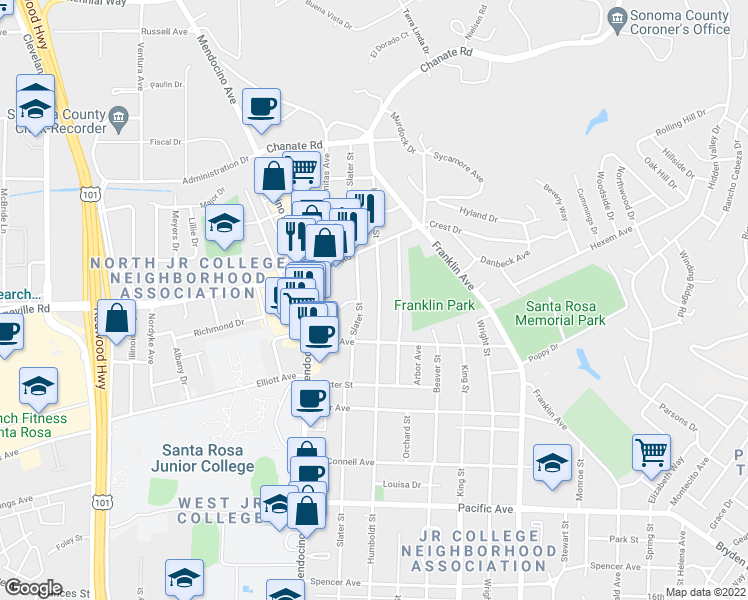 map of restaurants, bars, coffee shops, grocery stores, and more near 2100 Slater Street in Santa Rosa