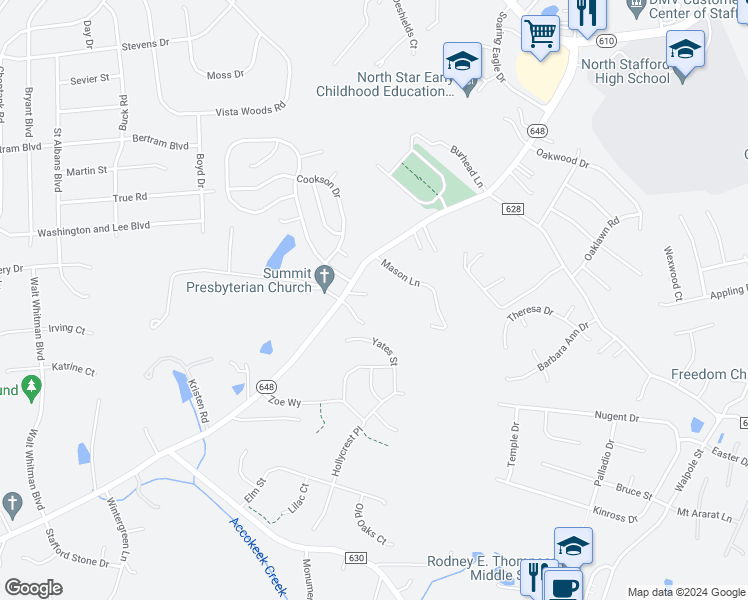 map of restaurants, bars, coffee shops, grocery stores, and more near 231 Shelton Shop Road in Stafford