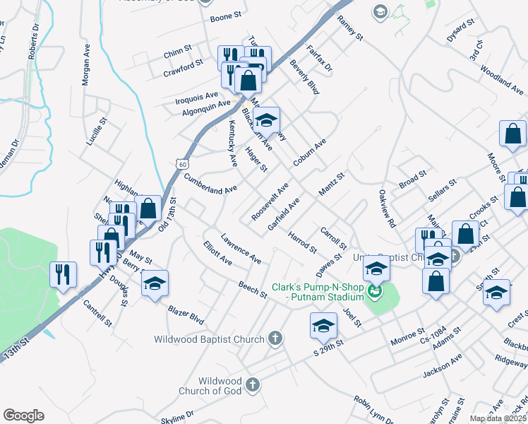 map of restaurants, bars, coffee shops, grocery stores, and more near 2614 Roosevelt Avenue in Ashland