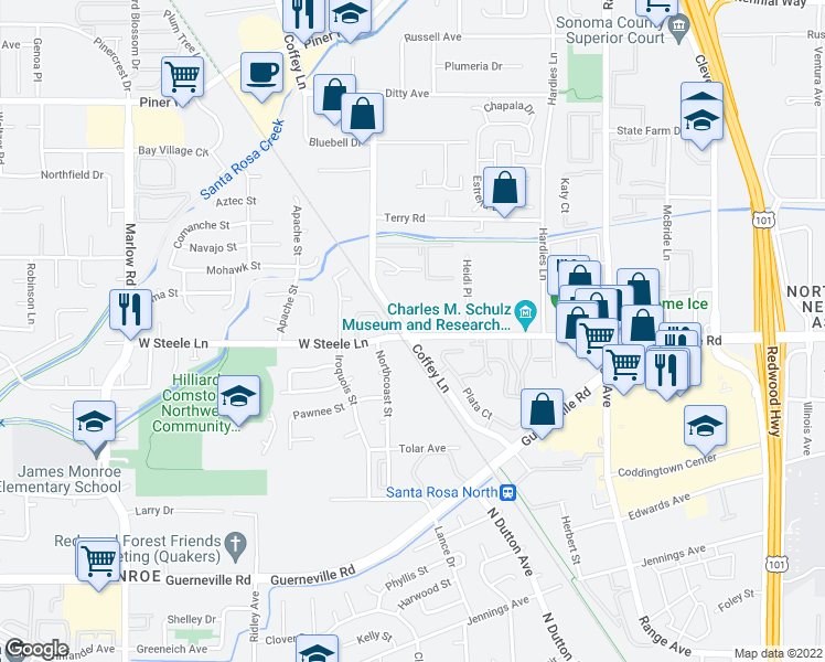 map of restaurants, bars, coffee shops, grocery stores, and more near 2055 West Steele Lane in Santa Rosa