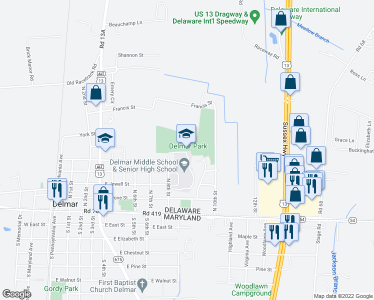 map of restaurants, bars, coffee shops, grocery stores, and more near 200 North 8th Street in Delmar