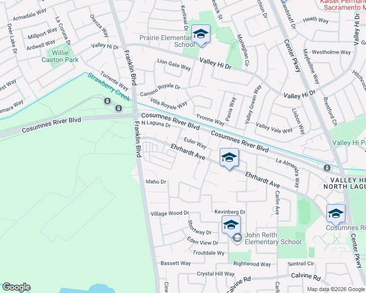 map of restaurants, bars, coffee shops, grocery stores, and more near 5140 Ehrhardt Avenue in Sacramento