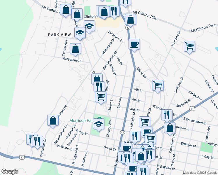 map of restaurants, bars, coffee shops, grocery stores, and more near 815 Stuart Street in Harrisonburg