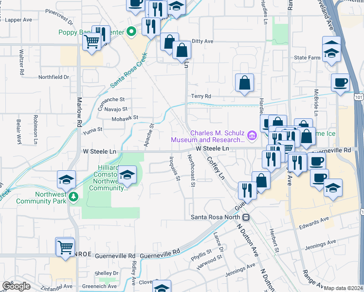 map of restaurants, bars, coffee shops, grocery stores, and more near 2179 West Steele Lane in Santa Rosa
