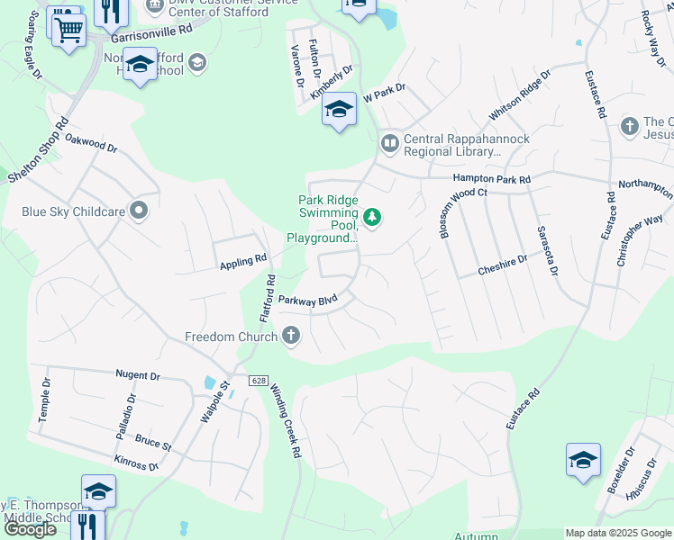 map of restaurants, bars, coffee shops, grocery stores, and more near 49 Catherine Lane in Stafford