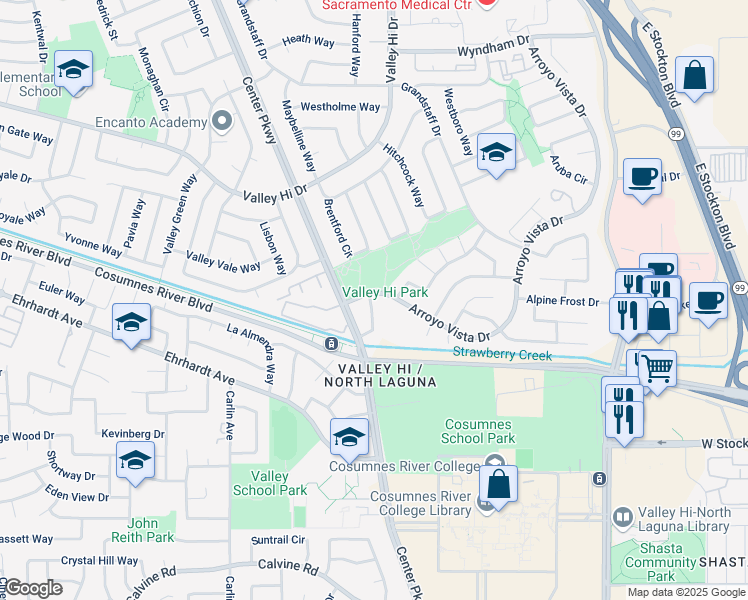 map of restaurants, bars, coffee shops, grocery stores, and more near 8379 Arroyo Vista Drive in Sacramento