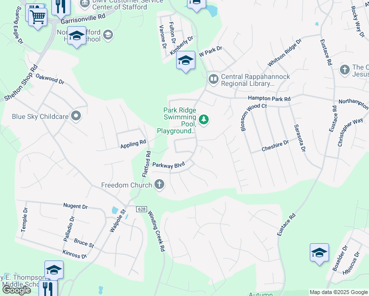 map of restaurants, bars, coffee shops, grocery stores, and more near 49 Catherine Lane in Stafford
