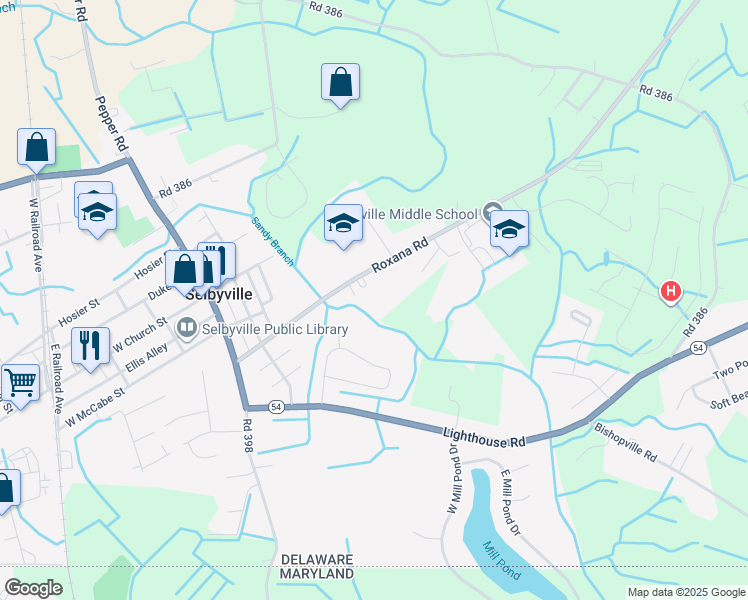 map of restaurants, bars, coffee shops, grocery stores, and more near 40 Bethany Road in Selbyville