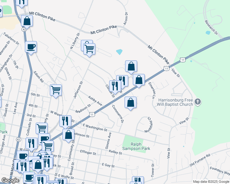 map of restaurants, bars, coffee shops, grocery stores, and more near 54 Clinton Street in Harrisonburg