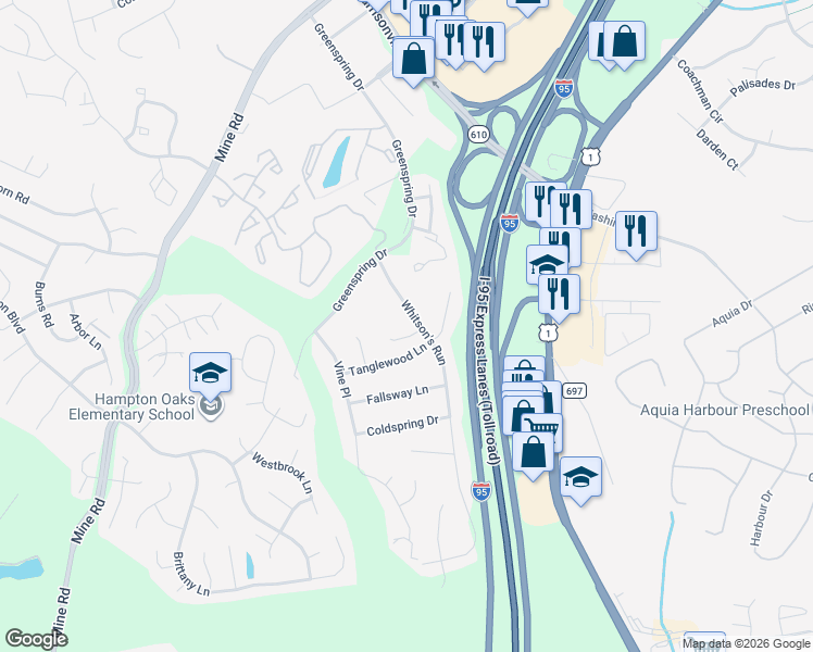 map of restaurants, bars, coffee shops, grocery stores, and more near 117 Whitson's Run in Stafford