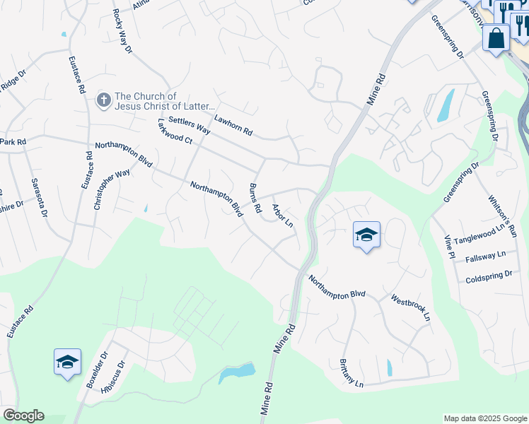map of restaurants, bars, coffee shops, grocery stores, and more near 21 Burns Road in Stafford