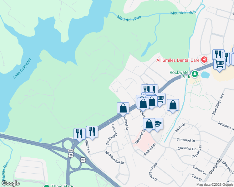 map of restaurants, bars, coffee shops, grocery stores, and more near 1801 Berry Ridge Drive in Culpeper