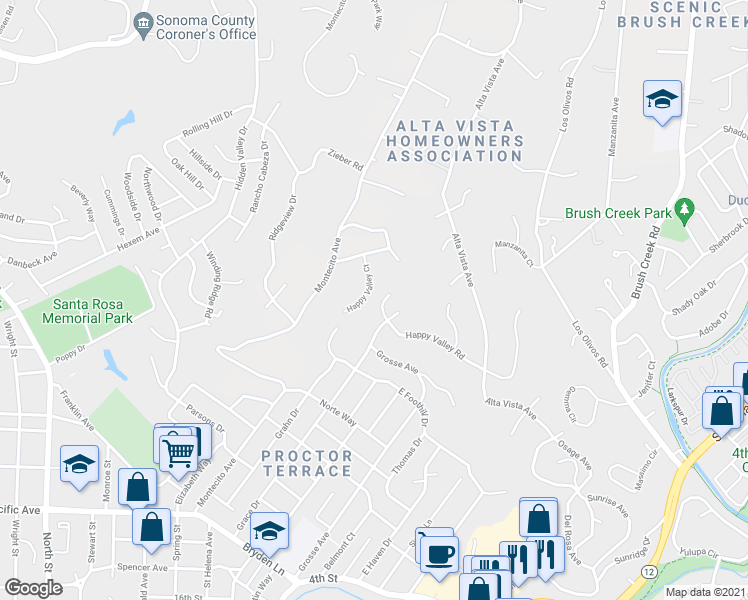map of restaurants, bars, coffee shops, grocery stores, and more near 1694 Happy Valley Road in Santa Rosa