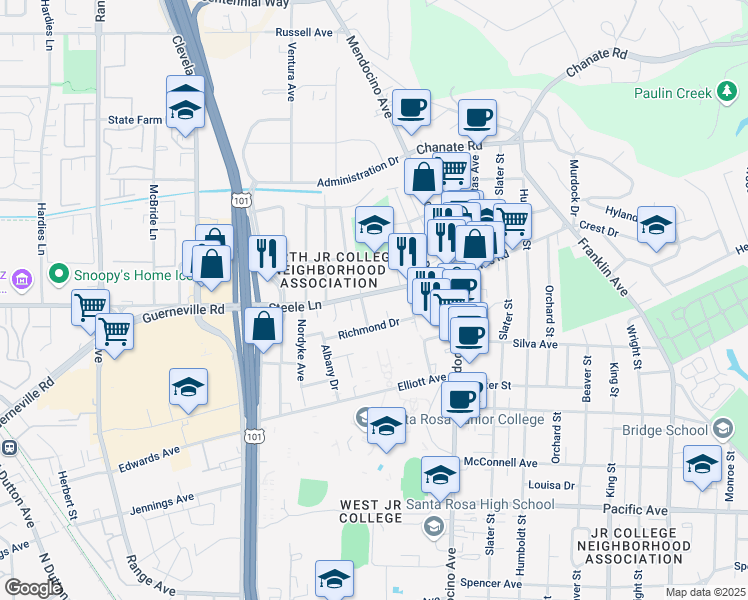 map of restaurants, bars, coffee shops, grocery stores, and more near 370 Steele Lane in Santa Rosa