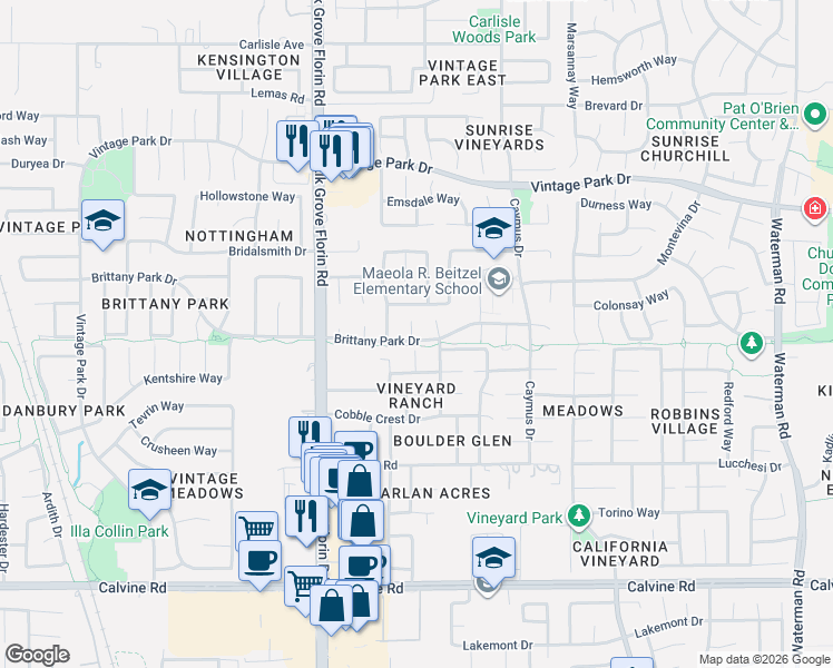 map of restaurants, bars, coffee shops, grocery stores, and more near 8987 Brittany Park Drive in Sacramento