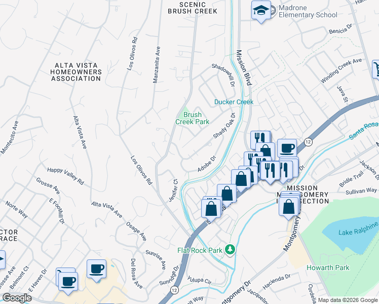 map of restaurants, bars, coffee shops, grocery stores, and more near 812 Shady Oak Drive in Santa Rosa