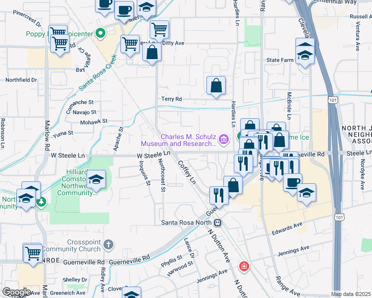 map of restaurants, bars, coffee shops, grocery stores, and more near 2044 West Steele Lane in Santa Rosa
