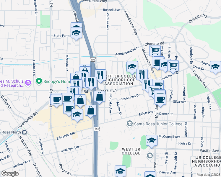 map of restaurants, bars, coffee shops, grocery stores, and more near 615 Steele Lane in Santa Rosa