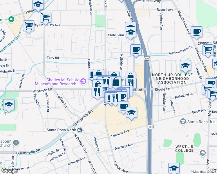 map of restaurants, bars, coffee shops, grocery stores, and more near 1311a West Steele Lane in Santa Rosa