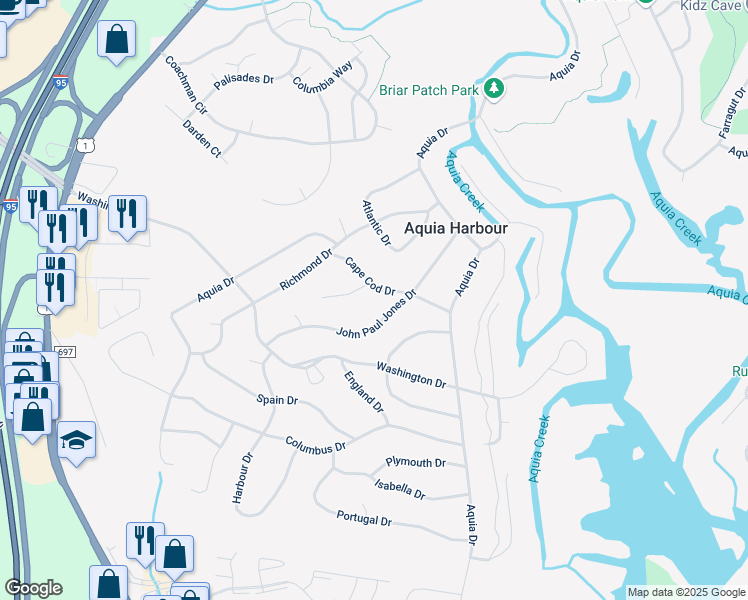 map of restaurants, bars, coffee shops, grocery stores, and more near 1013 Cape Cod Drive in Stafford