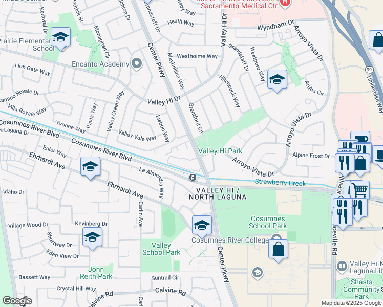 map of restaurants, bars, coffee shops, grocery stores, and more near 8200 Center Parkway in Sacramento