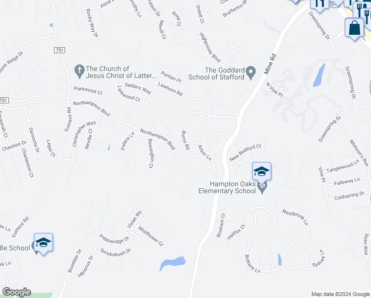 map of restaurants, bars, coffee shops, grocery stores, and more near 22 Burns Road in Stafford