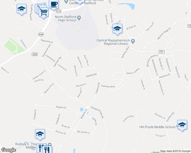map of restaurants, bars, coffee shops, grocery stores, and more near 18 Wexwood Court in Stafford