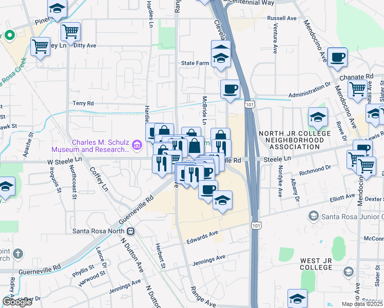 map of restaurants, bars, coffee shops, grocery stores, and more near 1311a West Steele Lane in Santa Rosa