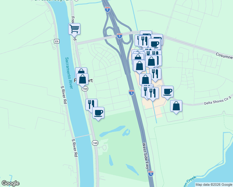 map of restaurants, bars, coffee shops, grocery stores, and more near West Side Freeway in Sacramento