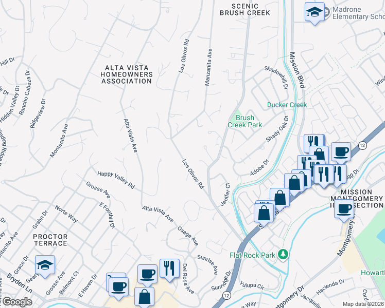 map of restaurants, bars, coffee shops, grocery stores, and more near 735 Brush Creek Road in Santa Rosa