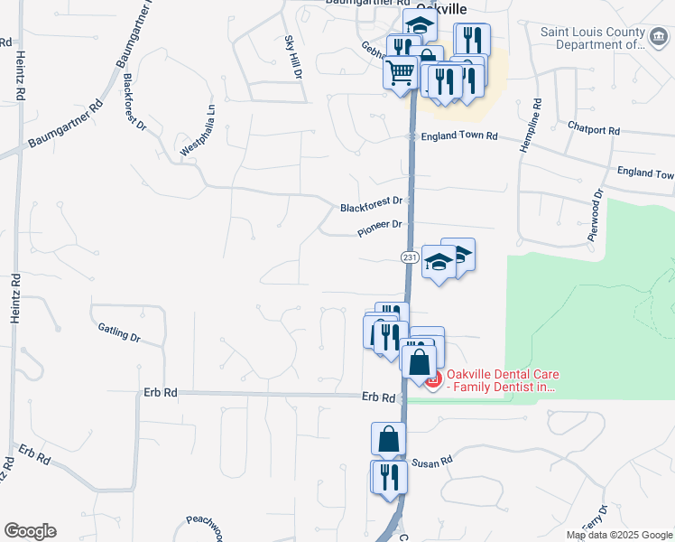 map of restaurants, bars, coffee shops, grocery stores, and more near 2535 Oakmont Terrace Drive in St. Louis