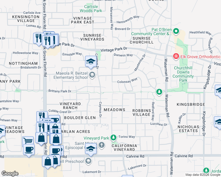 map of restaurants, bars, coffee shops, grocery stores, and more near 8184 Kirkwall Court in Sacramento