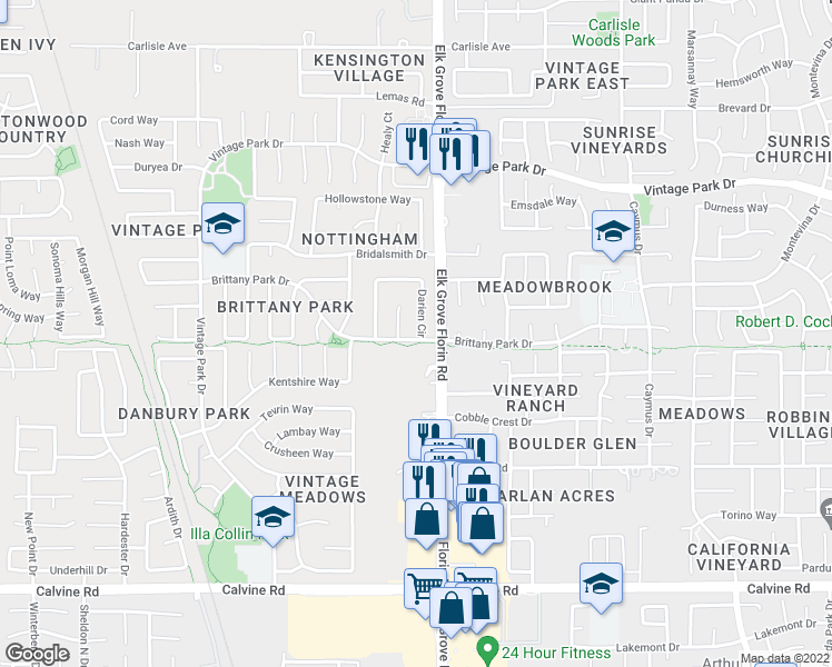 map of restaurants, bars, coffee shops, grocery stores, and more near 8198 Darien Circle in Sacramento