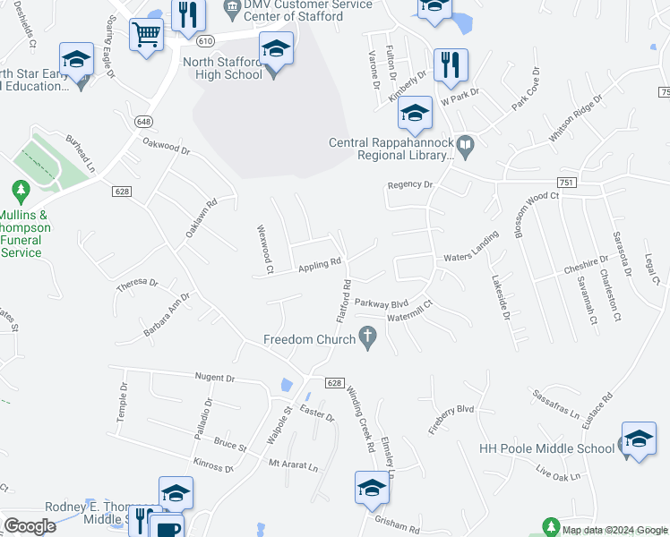 map of restaurants, bars, coffee shops, grocery stores, and more near 15 Wexwood Court in Stafford