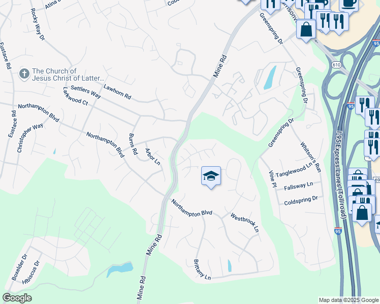 map of restaurants, bars, coffee shops, grocery stores, and more near 17 New Bedford Court in Stafford