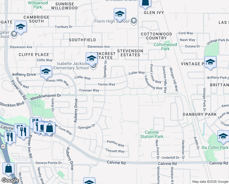 map of restaurants, bars, coffee shops, grocery stores, and more near 8426 Trimmer Way in Sacramento