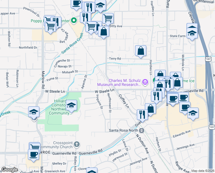map of restaurants, bars, coffee shops, grocery stores, and more near 2161 West Steele Lane in Santa Rosa