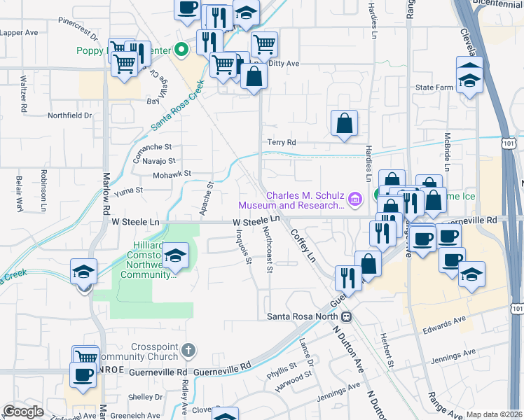 map of restaurants, bars, coffee shops, grocery stores, and more near 2161 West Steele Lane in Santa Rosa