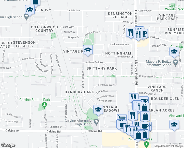 map of restaurants, bars, coffee shops, grocery stores, and more near 8213 Westport Circle in Sacramento