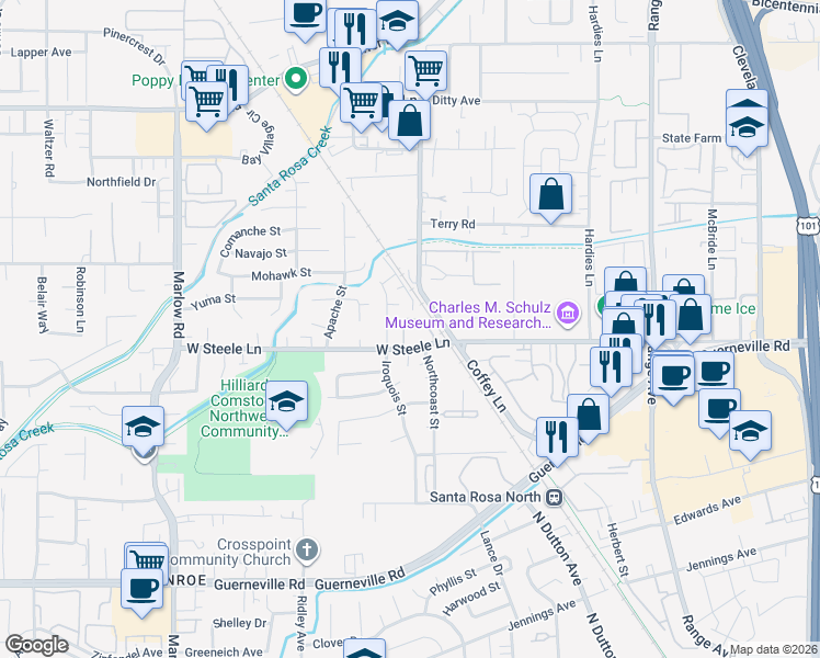 map of restaurants, bars, coffee shops, grocery stores, and more near 2161 West Steele Lane in Santa Rosa